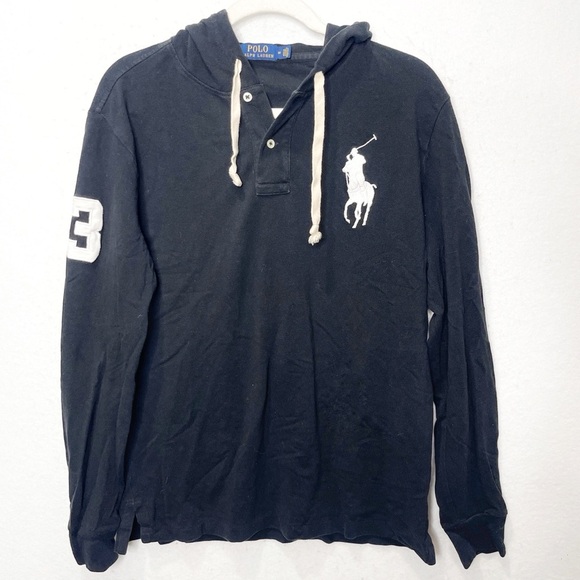 Polo Ralph Lauren Men’s Mesh Long Sleeve Hooded Shirt Black Big Pony Medium - Picture 2 of 8